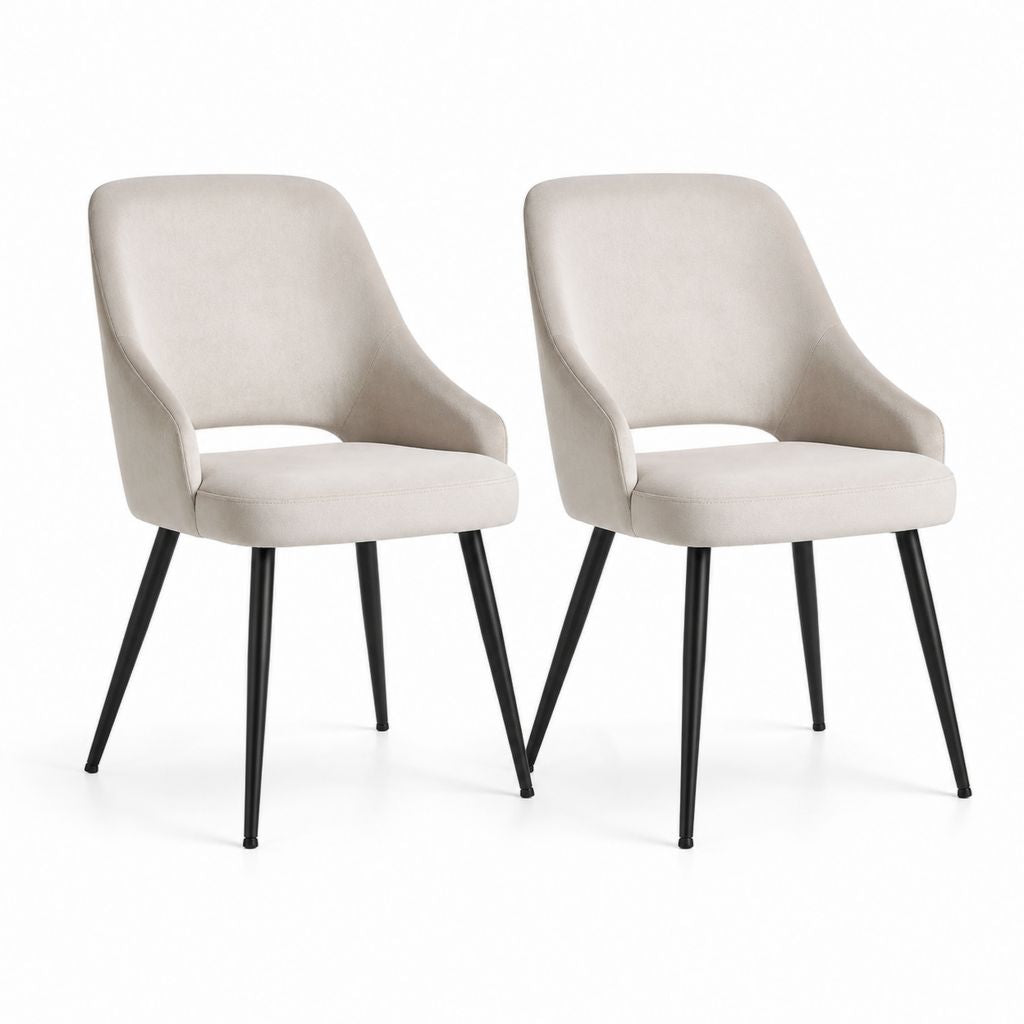 2er Set Esszimmerstühle Beige mit Polyester-Mikrofaserbezug und schwarzen Stahlbeinen 55 x 61 x 84 cm