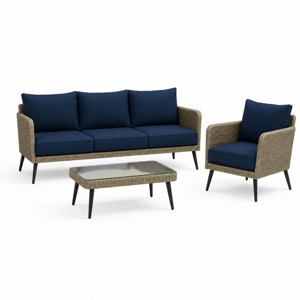 3-teiliges Gartenlounge-Set Natur PE-Rattan mit dunkelblauen Polyesterkissen und Glastisch 180 x 75 x 78 cm