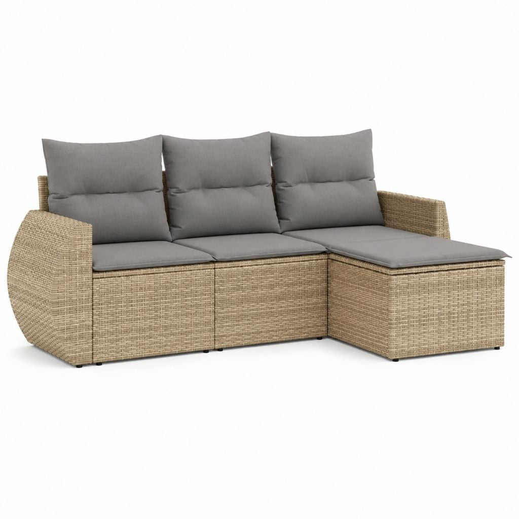 Garten Ecksofa 3-Sitzer Beige Polyrattan mit grauen Polyesterkissen 190 x 140 x 63 cm