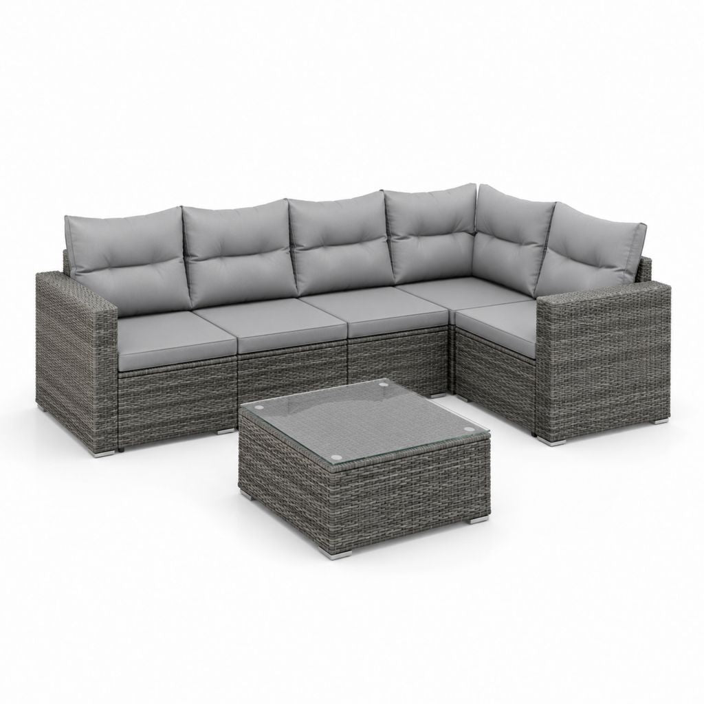 Gartenlounge Set 6-teilig Grau PE-Rattan L-Form mit Glastisch 245 x 185 x 65 cm