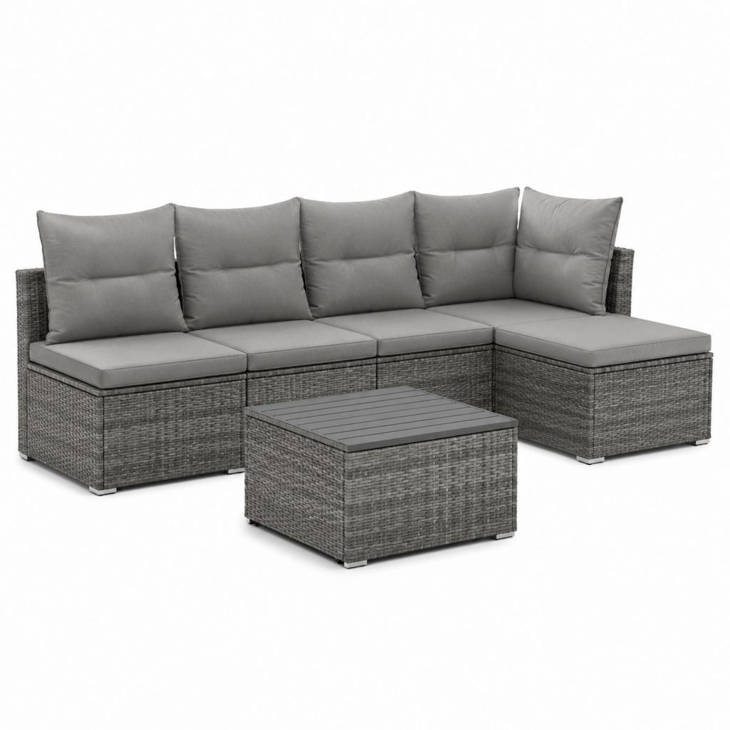 5-teiliges Gartenlounge Set Grau aus PE-Rattan mit Polyesterkissen 210 x 140 x 63 cm