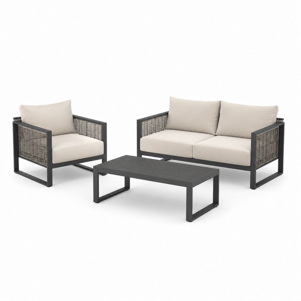 3-teiliges Gartensofa-Set Beige mit pulverbeschichtetem Aluminium und PE-Geflecht Sofa 130 x 75 x 70 cm