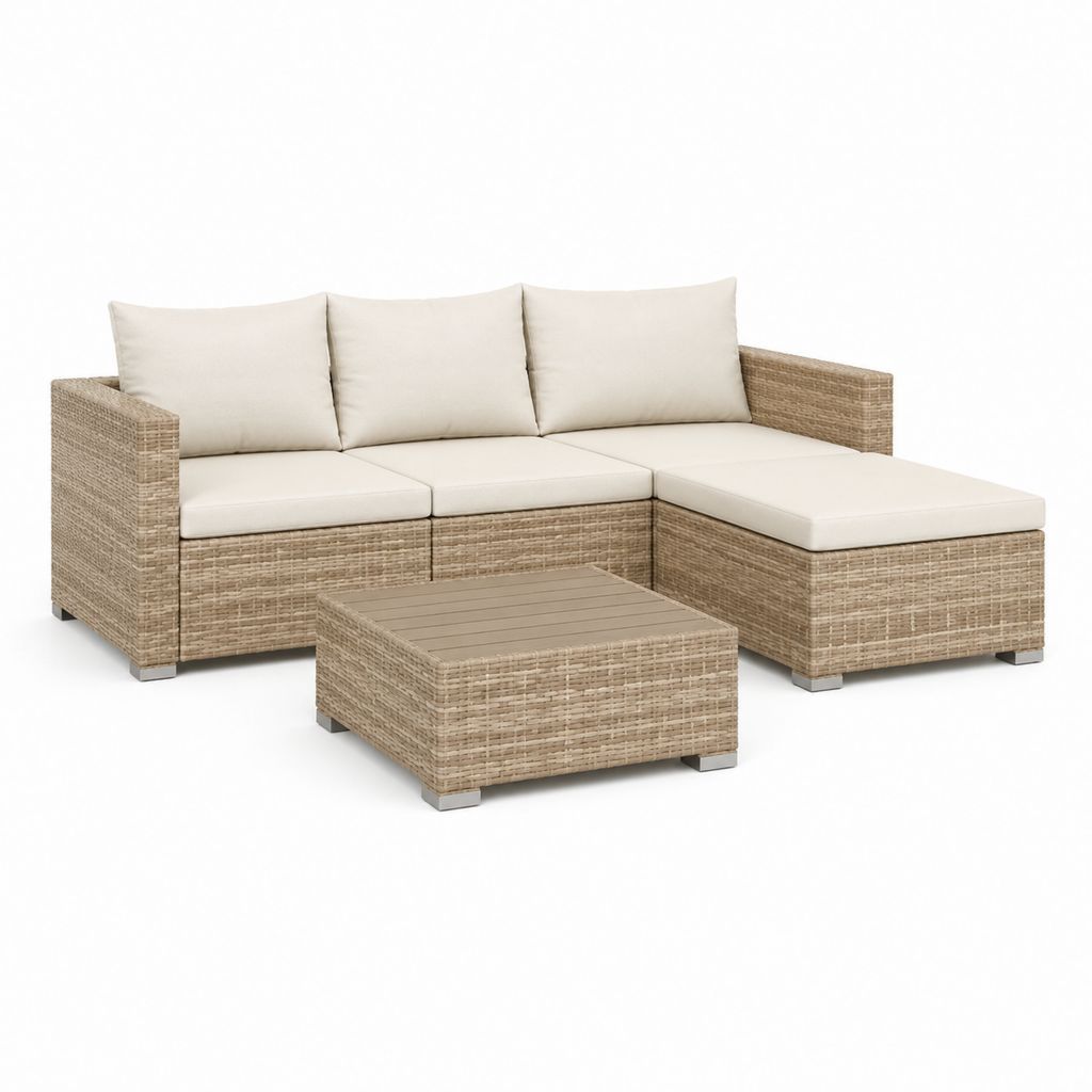Gartenlounge Set Beige aus PE-Rattan mit 3-Sitzer Ecksofa und Couchtisch 210 x 140 x 65 cm