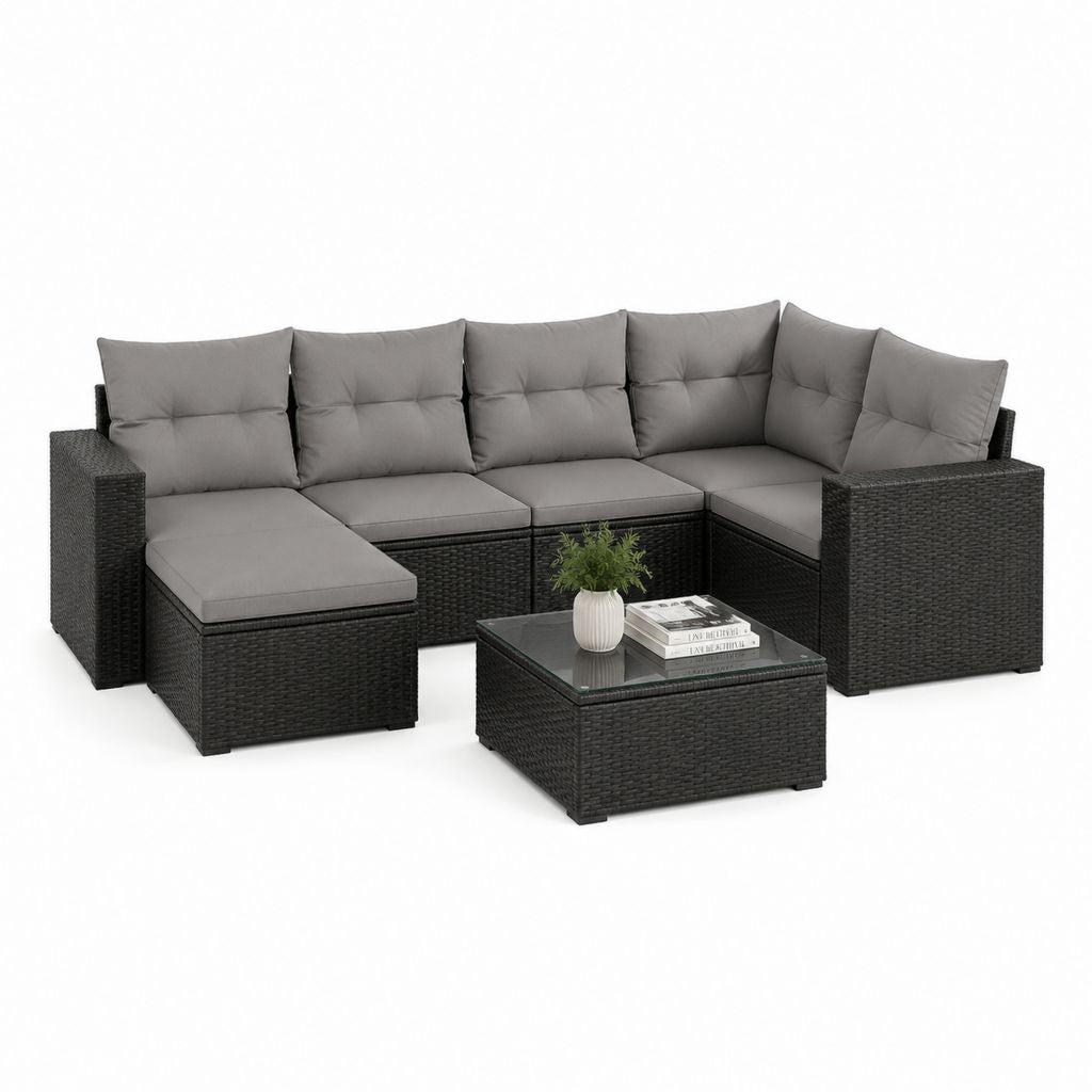 5-teiliges Gartenlounge-Set Schwarz Grau aus PE-Rattan mit Glas-Couchtisch 260 x 200 cm