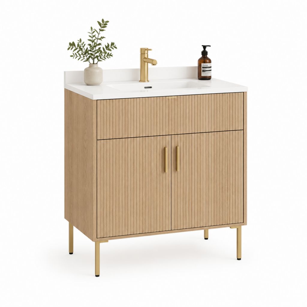 Waschtischunterschrank Set Eiche Hell MDF mit Keramikwaschbecken 80 x 46 x 85 cm