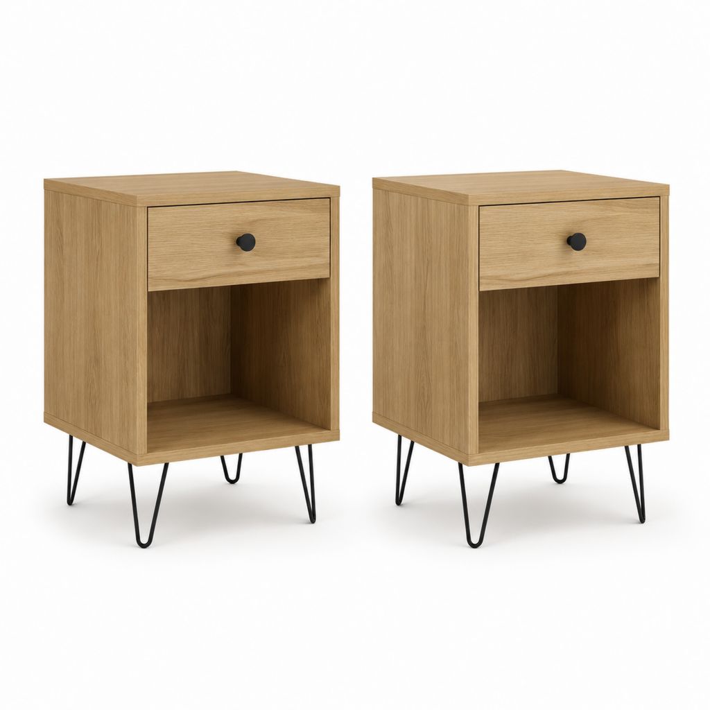 2er Set Nachttische Eichefarben Spanplatte mit Schublade und offenem Fach 40 x 35 x 60 cm